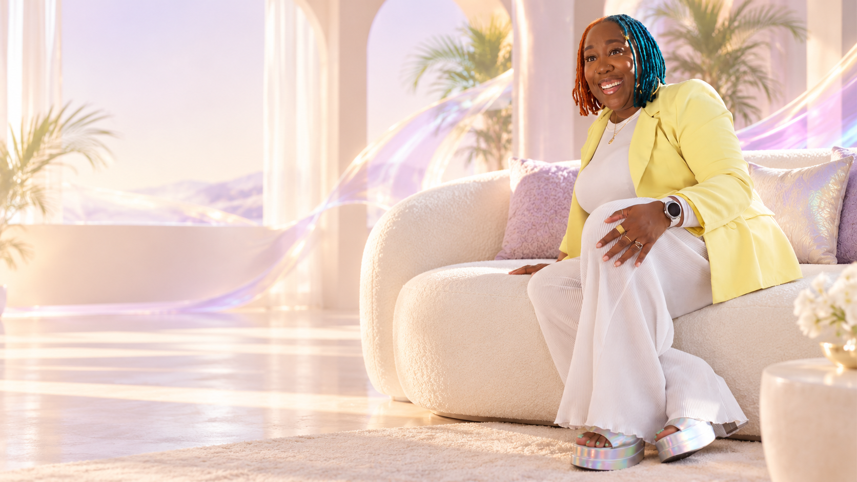 Tanisha smiling in a yellow blazer in a sunlit lavender sanctuary