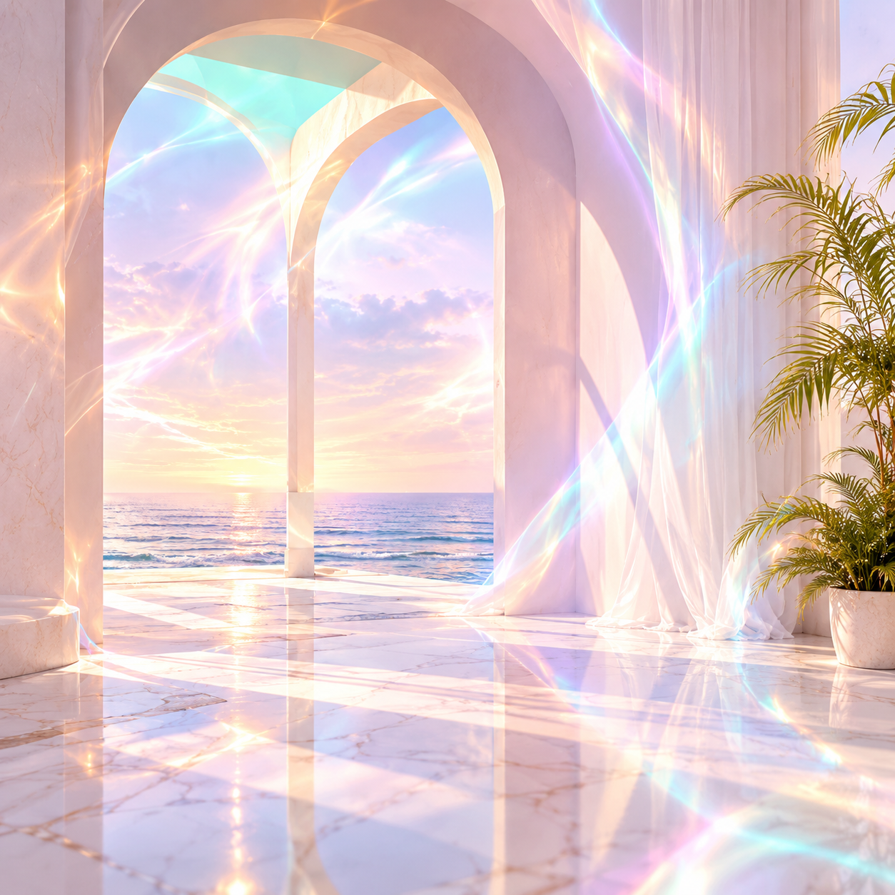 Sunlit arches with iridescent light overlooking the sea