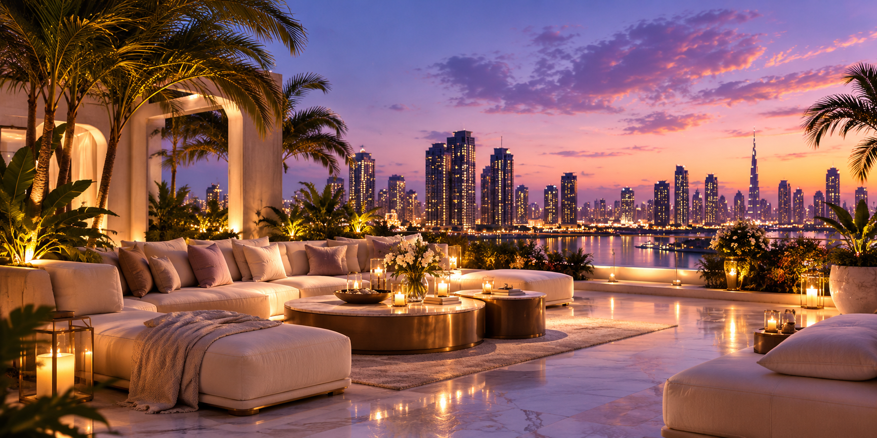 An elegant terrace overlooking a city at twilight