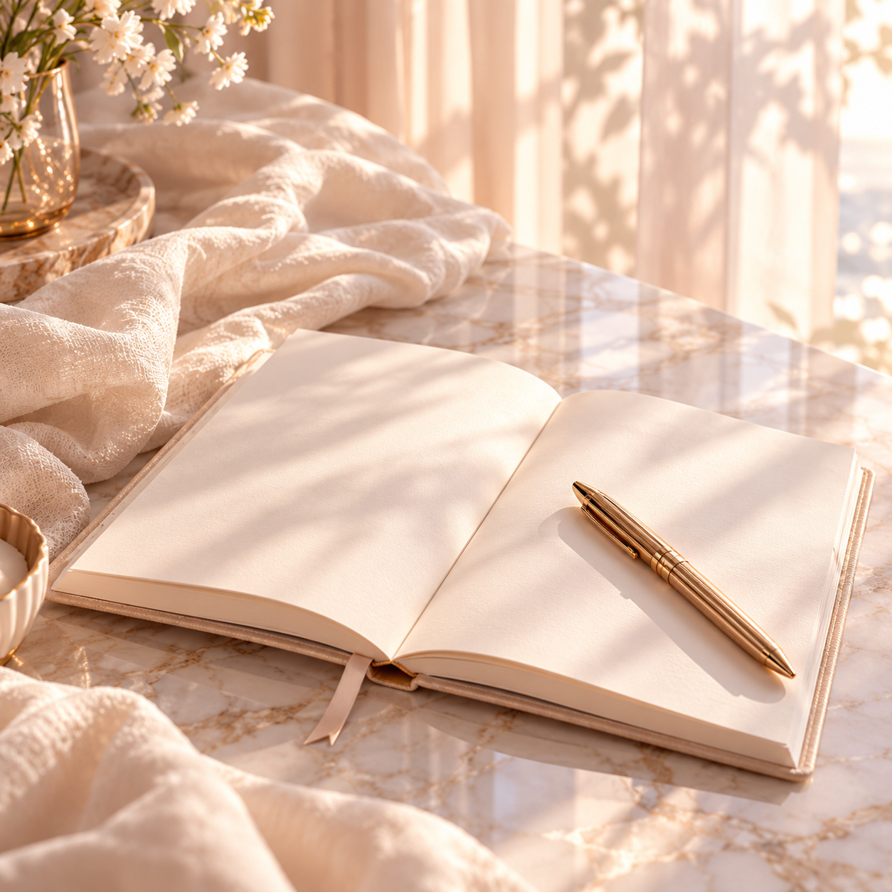 An open journal and gold pen